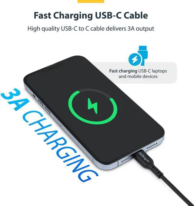 Alt view image 5 of 7 - StarTech 15ft (4.5m) USB-C Charging Cable, Charge & Sync, 60W (3A) PD, USB 2.0 Laptop Charger Cable, TPE Jacket - Black USB C Charging Cord Model USB2CC15FBKE