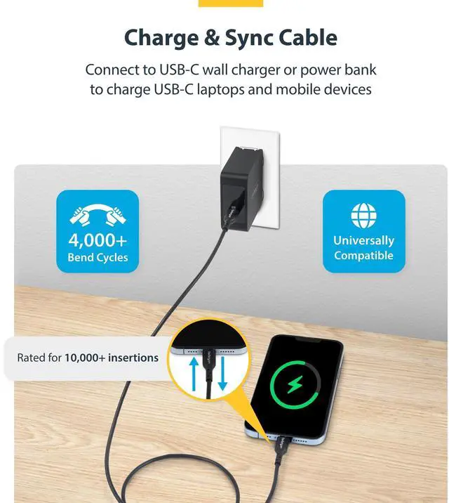 Alt view image 7 of 7 - StarTech 15ft (4.5m) USB-C Charging Cable, Charge & Sync, 60W (3A) PD, USB 2.0 Laptop Charger Cable, TPE Jacket - Black USB C Charging Cord Model USB2CC15FBKE
