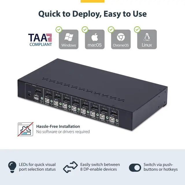 Alt view image 6 of 8 - StarTech 8-Port DisplayPort KVM Switch with 1U Rack Mount Kit, 4K 60Hz DP 1.2, Push-Button & Hotkey Switching, 4-Port USB Hub, OS Independent, TAA Compliant - R8AD122-KVM-SWITCH