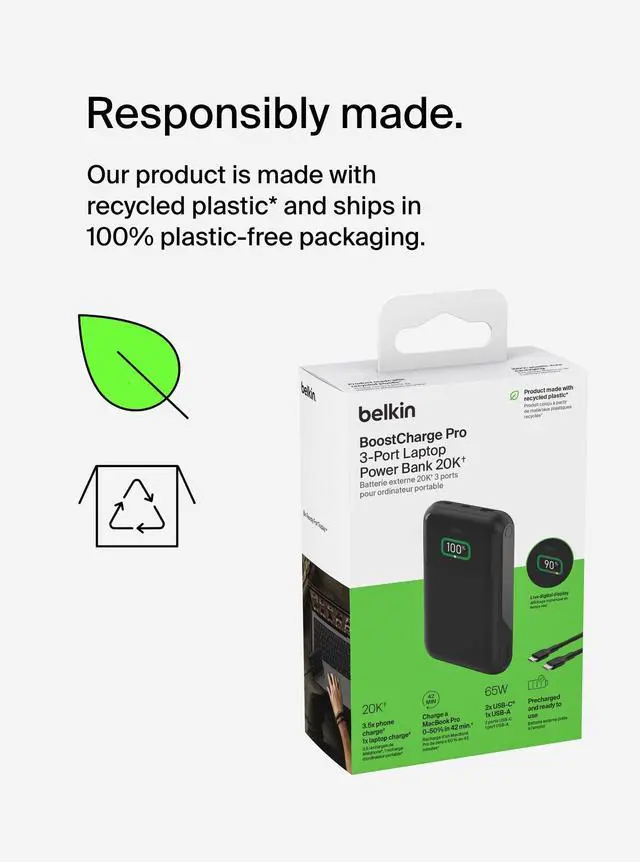 Alt view image 18 of 18 - Belkin 65W 3-port USB Power Bank w/ Digital Display - 20K mAh - 2xUSB-C, 1xUSB-A - Portable Charger - w/ USB-C to USB-C Cable - Black - For Universal, Smartphone, Tablet PC, Notebook, iPad, iPad Pro,