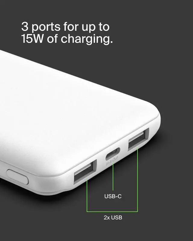 Alt view image 10 of 12 - Belkin 15W 3-port USB Power Bank - 10K mAh - 2xUSB-A (12W), 1xUSB-C (15W) - Portable Charger - w/ USB-A to USB-C Cable - White - For iPhone, iPad, AirPod, Smartwatch, Smartphone - 10000 mAh - 3 x USB