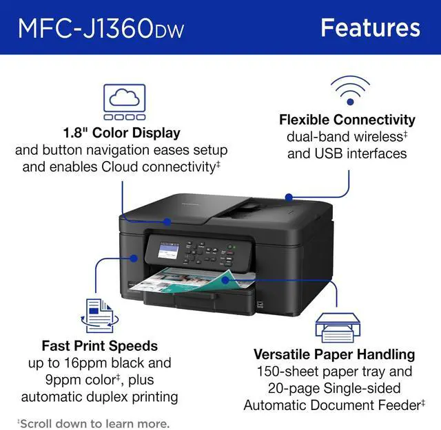 Alt view image 5 of 5 - Brother Work Smart 1360 Wireless Color Inkjet All-in-One Printer with Automatic Duplex Printing and 1.8" Color Display (MFC-J1360DW)