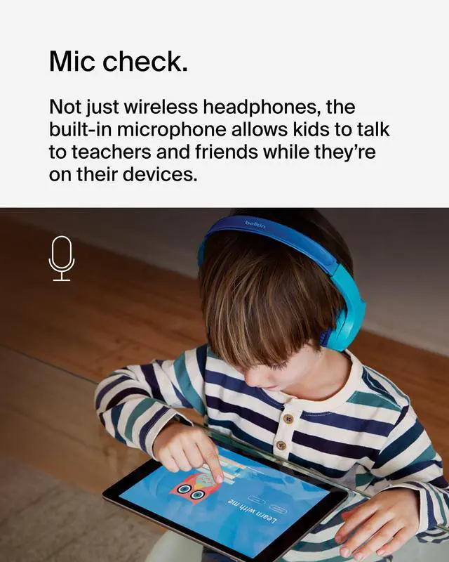 Alt view image 11 of 14 - Belkin Wireless Bluetooth On-Ear Headphones for Kids w/ Mic - 85dB Limit - w/ USB-C Cable - Headset - Blue - Stereo - Mini-phone (3.5mm) - Wired/Wireless - Bluetooth - On-ear, Over-the-head - Binaural