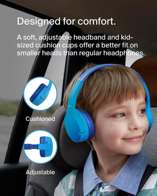 Alt view image 12 of 14 - Belkin Wireless Bluetooth On-Ear Headphones for Kids w/ Mic - 85dB Limit - w/ USB-C Cable - Headset - Blue - Stereo - Mini-phone (3.5mm) - Wired/Wireless - Bluetooth - On-ear, Over-the-head - Binaural