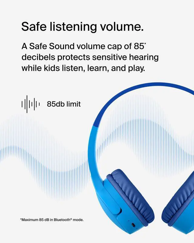 Alt view image 9 of 14 - Belkin Wireless Bluetooth On-Ear Headphones for Kids w/ Mic - 85dB Limit - w/ USB-C Cable - Headset - Blue - Stereo - Mini-phone (3.5mm) - Wired/Wireless - Bluetooth - On-ear, Over-the-head - Binaural