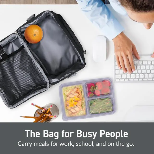 Alt view image 4 of 7 - bentgo deluxe lunch bag - durable and insulated lunch tote with zippered outer pocket, internal mesh pocket, padded and adjustable straps, & 2-way zippers - fits all bentgo lunch boxes (carbon black)