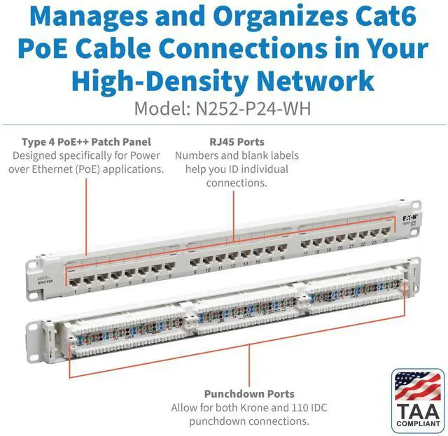 Alt view image 10 of 12 - Eaton Tripp Lite Series 24-Port Cat6 Patch Panel - 4PPoE Compliant, 110/Krone, 568A/B, RJ45 Ethernet, 1U Rack-Mount, White, TAA - 24 Port(s) - 24 x RJ-45 - 1U High - Category 6, Category 5, Category 5