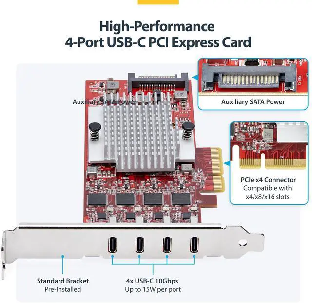 Alt view image 8 of 11 - StarTech 4-Port USB Type-C PCIe Card, USB 3.2 10Gbps, USB-C PCI Express 3.0 Expansion Card, 4x Independent USB Controllers, Windows/Linux/macOS, TAA-Compliant - P10Q4C-USB-CARD