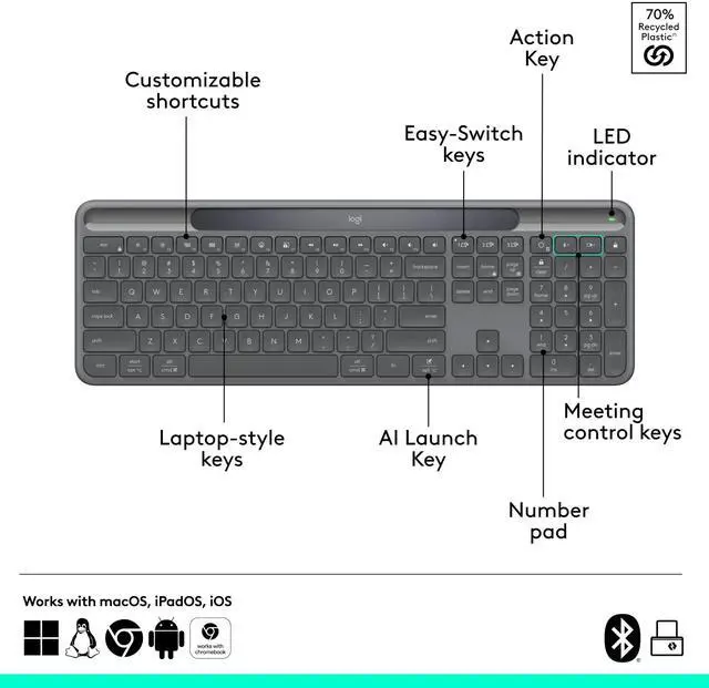 Alt view image 13 of 14 - Logitech Signature Slim Solar+ K980 for Business, Wireless Keyboard, Quiet Typing, Secure Receiver, Bluetooth, Windows, Mac - Graphite - Wireless Connectivity - Bluetooth/RF - 5.1 - 32.81 ft - 2.40 GH