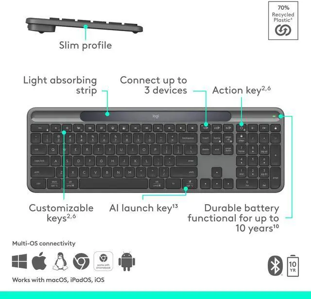 Alt view image 7 of 14 - Logitech Signature Slim Solar+ Wireless Bluetooth Keyboard Graphite 920013755