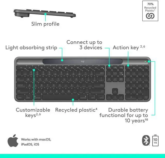 Alt view image 11 of 14 - Logitech Signature Slim Solar+ keyboard for Mac, solar and artificial light powered, durable battery that lasts up to 10 years, customizable keys, Bluetooth, Graphite - Wireless Connectivity - Bluetoo