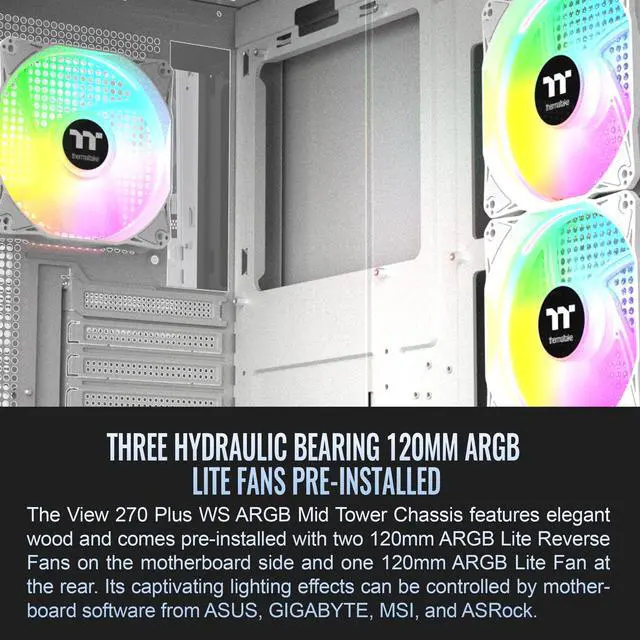 Alt view image 9 of 13 - Thermaltake View 270 Plus WS ARGB; Mid Tower; 3x120mm Lite Fans Included; 360mm Radiator Support; 420mm GPU Clearance; Bottom Wood Trim;