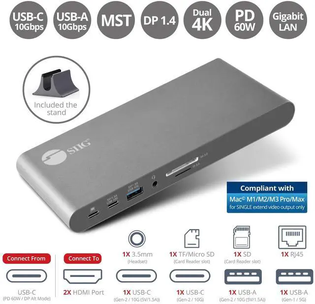 Alt view image 17 of 20 - SIIG USB-C Dual 4K Video MST Docking Station with 60WPD Charging - Ingenious Detachable Design - Ultra-speed Data Transfer - 3 Display Modes