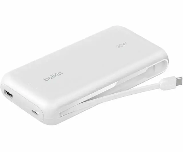 Main image of Belkin 30W 2-port 20K mAh Power Bank w/ Integrated USB-C Cable White BPB024FQWH