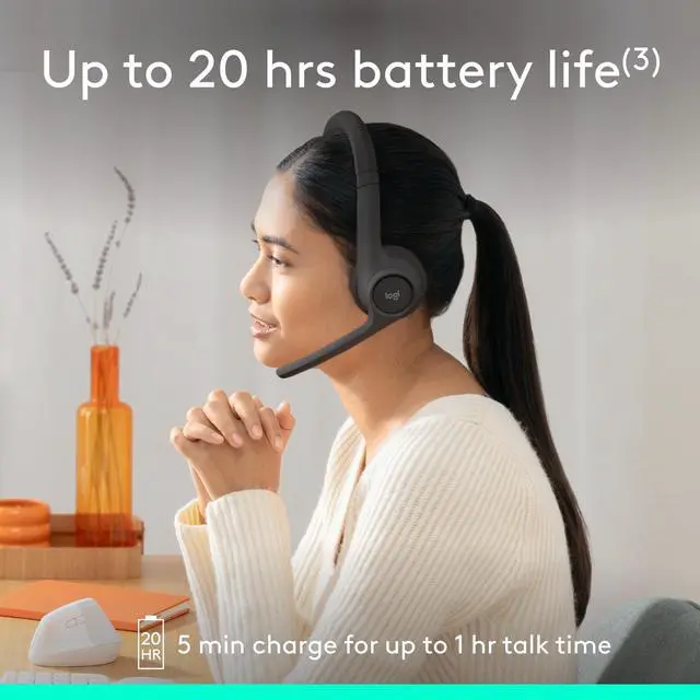 Alt view image 5 of 7 - Logitech Zone 301 Wireless Headset with Noise-Canceling Microphone, Graphite