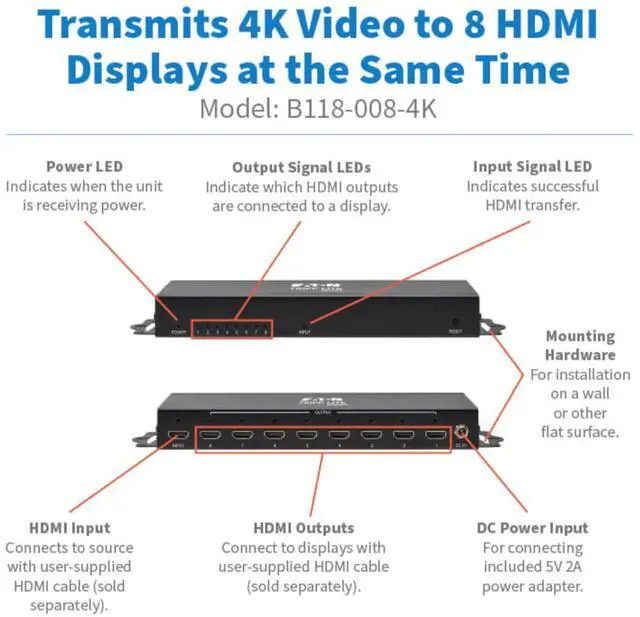 Alt view image 5 of 7 - Tripp Lite 8-Port HDMI Splitter - 4K @ 60 Hz, HDCP 2.2 B118-008-4K