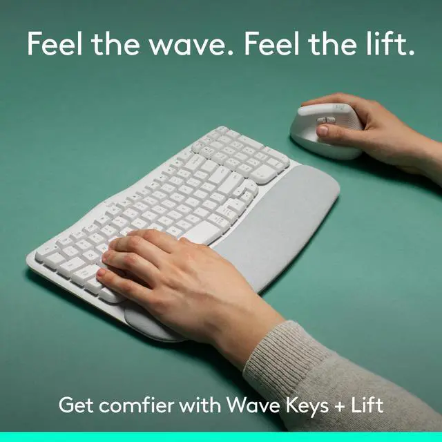 Alt view image 7 of 7 - Logitech Wave Keys & Lift Vertical Mouse Ergonomic Wireless Keyboard and Mouse Combo with Cushioned Palm Rest Off-white 920013611