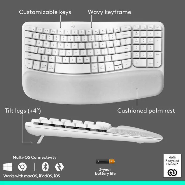 Alt view image 4 of 7 - Logitech Wave Keys & Lift Vertical Mouse Ergonomic Wireless Keyboard and Mouse Combo with Cushioned Palm Rest Off-white 920013611