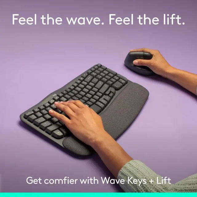 Alt view image 3 of 7 - Logitech Wave Keys & Lift Vertical Mouse Ergonomic Wireless Keyboard and Mouse Combo with Cushioned Palm Rest Graphite 920013610