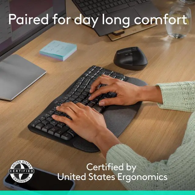 Alt view image 4 of 7 - Logitech Wave Keys & Lift Vertical Mouse Ergonomic Wireless Keyboard and Mouse Combo with Cushioned Palm Rest Graphite 920013610