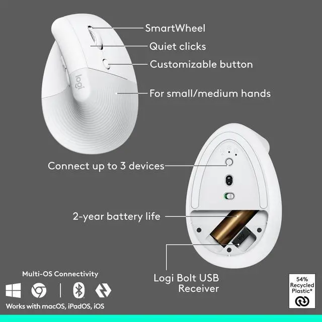 Alt view image 7 of 7 - Logitech Wave Keys & Lift Vertical Mouse Ergonomic Wireless Keyboard and Mouse Combo with Cushioned Palm Rest Off-white 920013611
