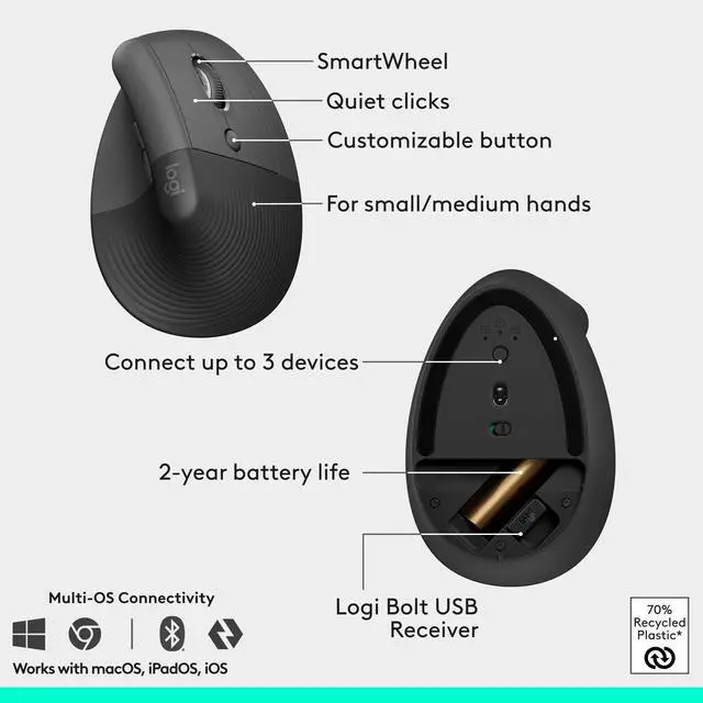 Alt view image 7 of 7 - Logitech Wave Keys & Lift Vertical Mouse Ergonomic Wireless Keyboard and Mouse Combo with Cushioned Palm Rest Graphite 920013610