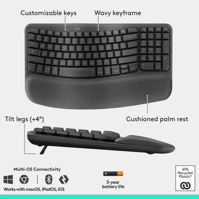 Alt view image 6 of 7 - Logitech Wave Keys & Lift Vertical Mouse Ergonomic Wireless Keyboard and Mouse Combo with Cushioned Palm Rest Graphite 920013610