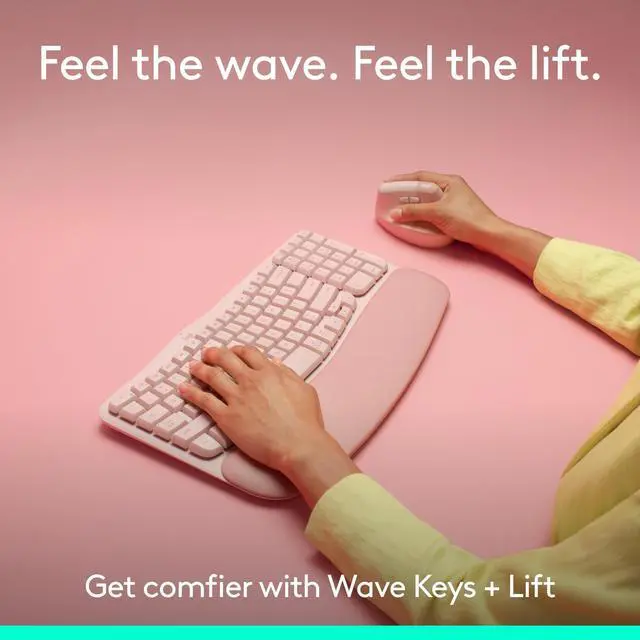 Alt view image 5 of 14 - Logitech Wave Keys & Lift Vertical Mouse Ergonomic Wireless Keyboard and Mouse Combo with Cushioned Palm Rest Rose 920013612