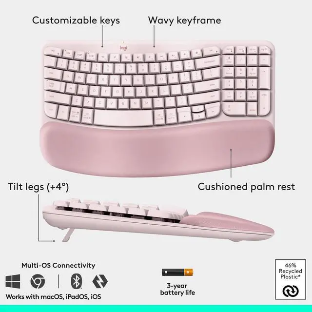 Alt view image 6 of 14 - Logitech Wave Keys & Lift Vertical Mouse Ergonomic Wireless Keyboard and Mouse Combo with Cushioned Palm Rest Rose 920013612