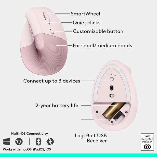 Alt view image 7 of 14 - Logitech Wave Keys & Lift Vertical Mouse Ergonomic Wireless Keyboard and Mouse Combo with Cushioned Palm Rest Rose 920013612