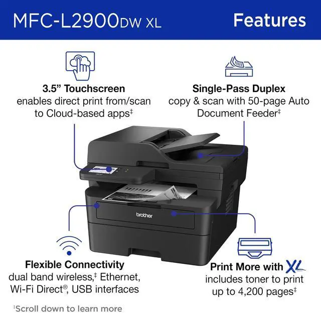 Alt view image 2 of 6 - Brother MFC-L2900DWXL Wired & Wireless Laser Multifunction Printer Monochrome