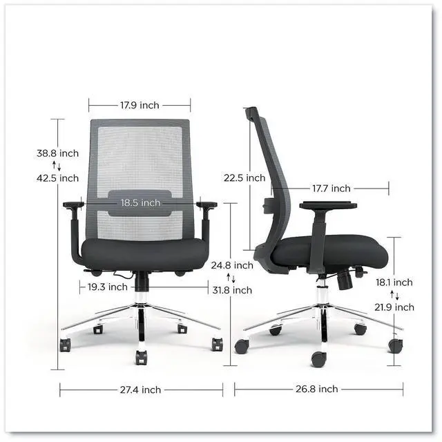 Alt view image 2 of 7 - Alera Ashdale Ergonomic Fabric Swivel Task Chair Supports 275 lb 18.15 to 21.89 Seat Height Black Seat/Back Silver Base ALEAD41BME17