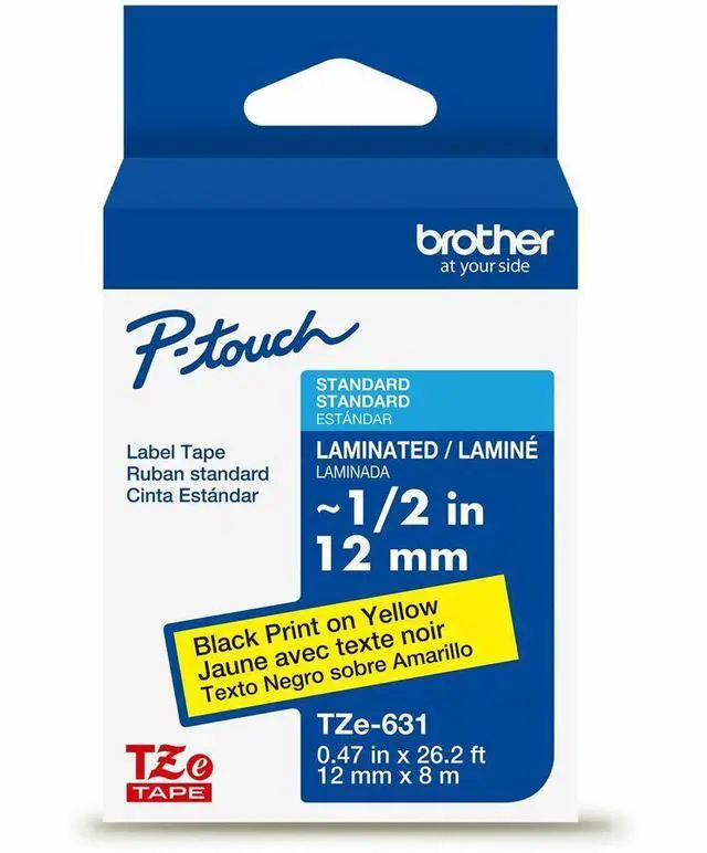Main image of Brother Genuine P-Touch TZE-631 Tape, 1/2" (0.47") Standard Laminated P-Touch Tape, Black on Yellow, Laminated for Indoor or Outdoor Use, Water Resistant, 26.2 Feet (8M)