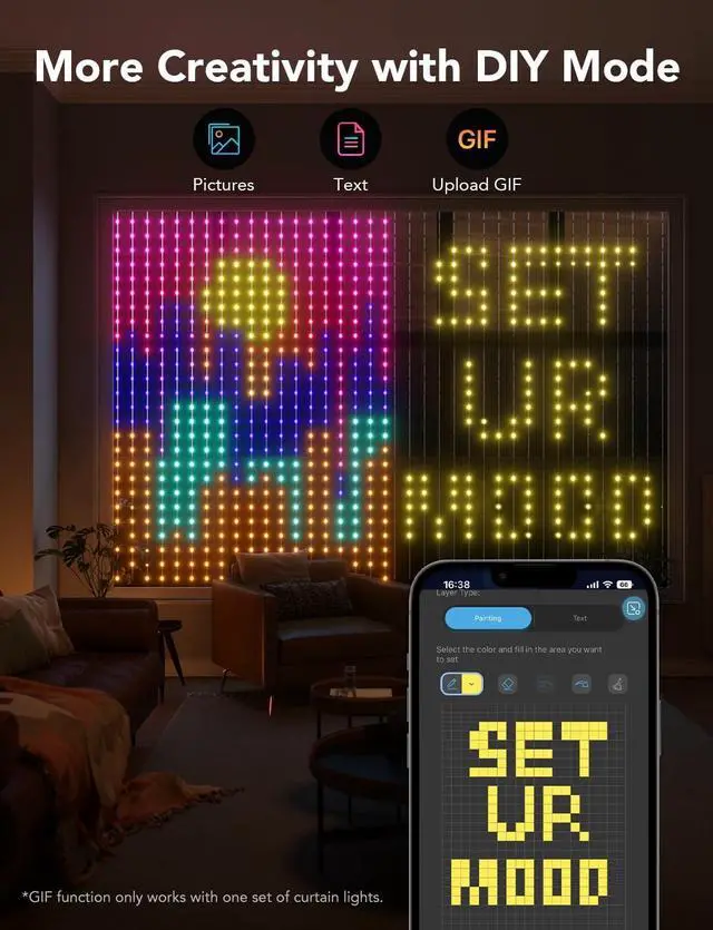 Alt view image 4 of 7 - Govee Curtain Lights, Smart LED Color Changing Wall Lights, Dynamic DIY Curtain String Lights for Bedroom Living Room Holiday Decor, Outdoor IP65 Waterproof,4.9x6.6ft, 520 RGBIC LED