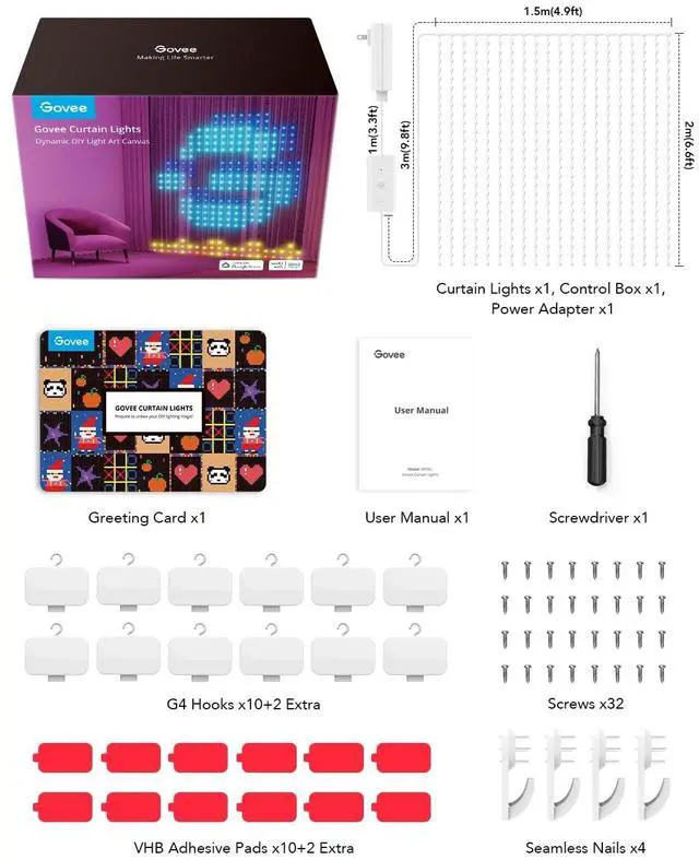 Alt view image 7 of 7 - Govee Curtain Lights, Smart LED Color Changing Wall Lights, Dynamic DIY Curtain String Lights for Bedroom Living Room Holiday Decor, Outdoor IP65 Waterproof,4.9x6.6ft, 520 RGBIC LED