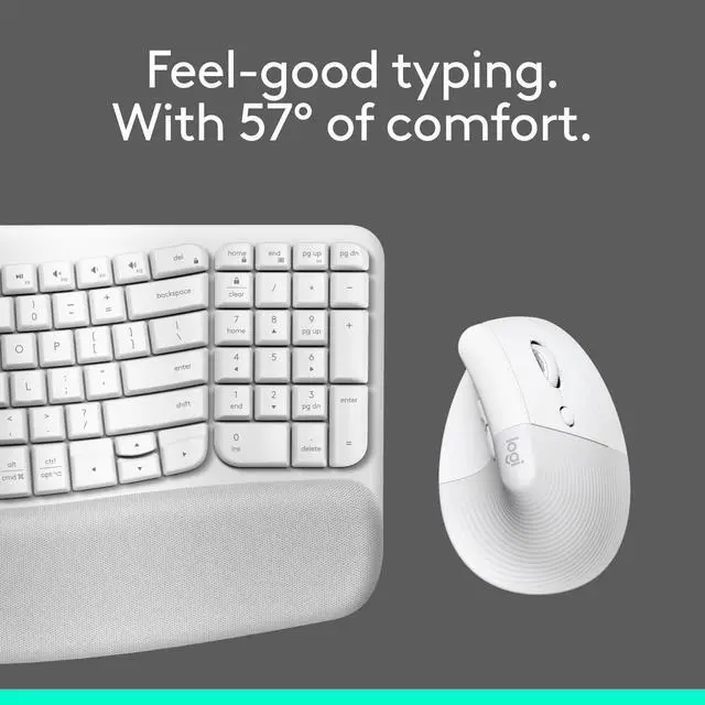 Alt view image 2 of 7 - Logitech Wave Keys & Lift Vertical Mouse Ergonomic Wireless Keyboard and Mouse Combo with Cushioned Palm Rest Off-white 920013611
