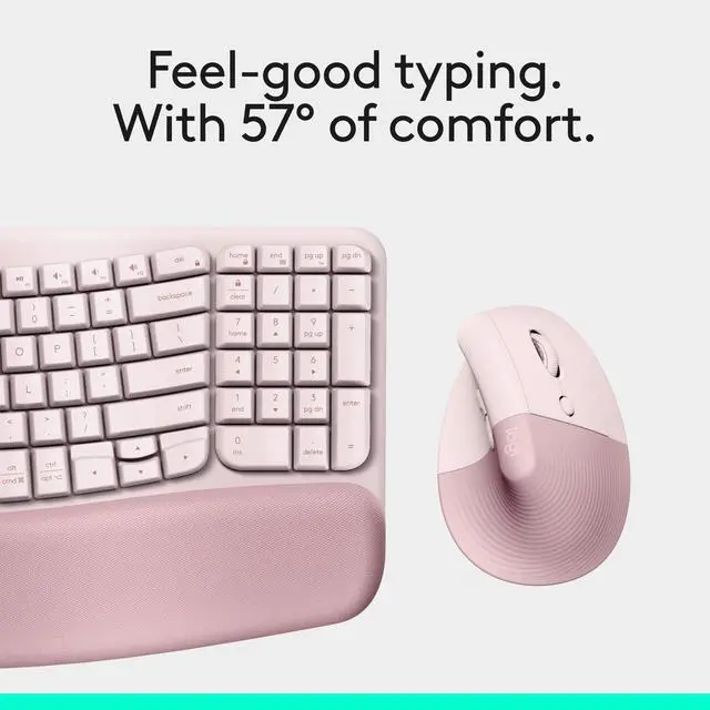 Alt view image 7 of 14 - Logitech Wave Keys & Lift Vertical Mouse Ergonomic Wireless Keyboard and Mouse Combo with Cushioned Palm Rest Rose 920013612