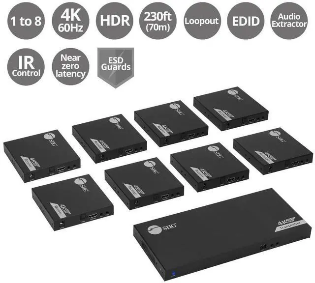 Alt view image 2 of 17 - SIIG 1x8 HDMI Splitter Over Cat6 Extender with Loopout/IR/ARC & RS-232
