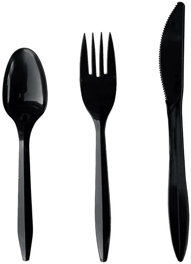 Alt view image 2 of 5 - Four-Piece Cutlery Kit Mediumweight Fork/Knife/Napkin/Spoon Plastic 6.38" Black 250/Carton BWK4KITBLPP