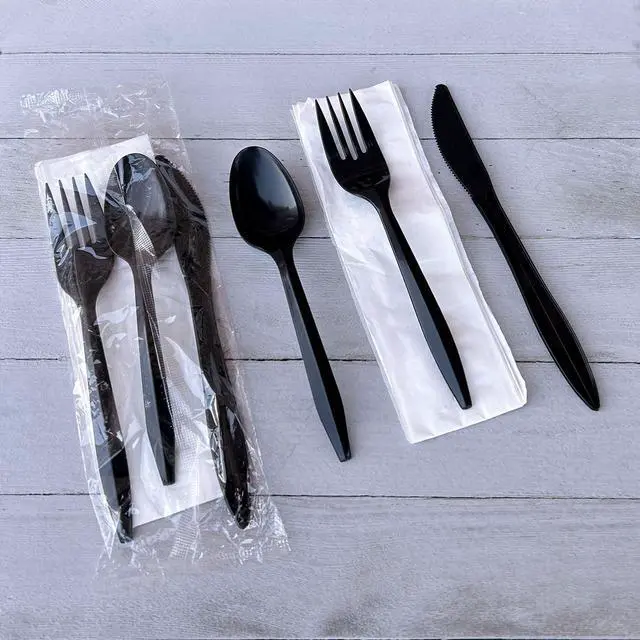 Alt view image 3 of 5 - Four-Piece Cutlery Kit Mediumweight Fork/Knife/Napkin/Spoon Plastic 6.38" Black 250/Carton BWK4KITBLPP