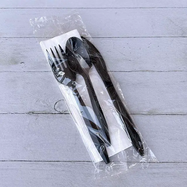 Alt view image 4 of 5 - Four-Piece Cutlery Kit Mediumweight Fork/Knife/Napkin/Spoon Plastic 6.38" Black 250/Carton BWK4KITBLPP