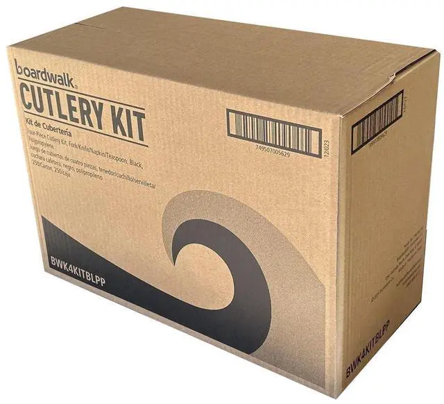 Alt view image 5 of 5 - Four-Piece Cutlery Kit Mediumweight Fork/Knife/Napkin/Spoon Plastic 6.38" Black 250/Carton BWK4KITBLPP