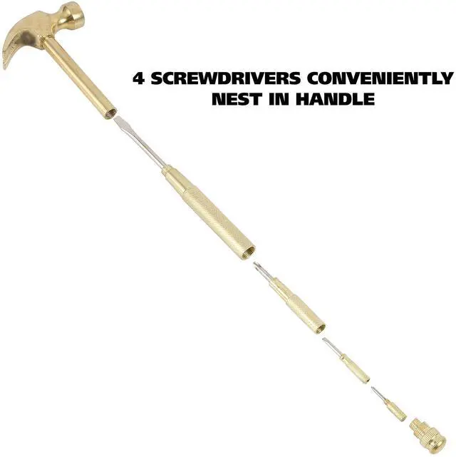 Alt view image 4 of 7 - 5-in-1 Carpenter's Hammer with Nesting Handle Containing Four Screwdrivers 6.5" Long Gold Handle 19006