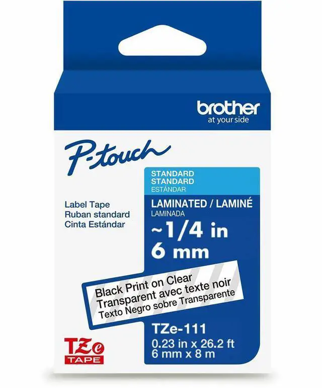Main image of Brother Genuine P-Touch TZe Black Print on Clear Label Tape (TZe111), Laminated,1/4in x 26.2ft
