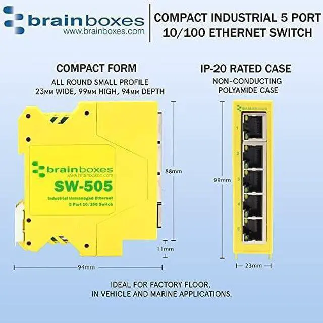 Alt view image 3 of 4 - Brainboxes SW-505 Industrial Compact Ethernet 5 Port Switch DIN Rail Mountable