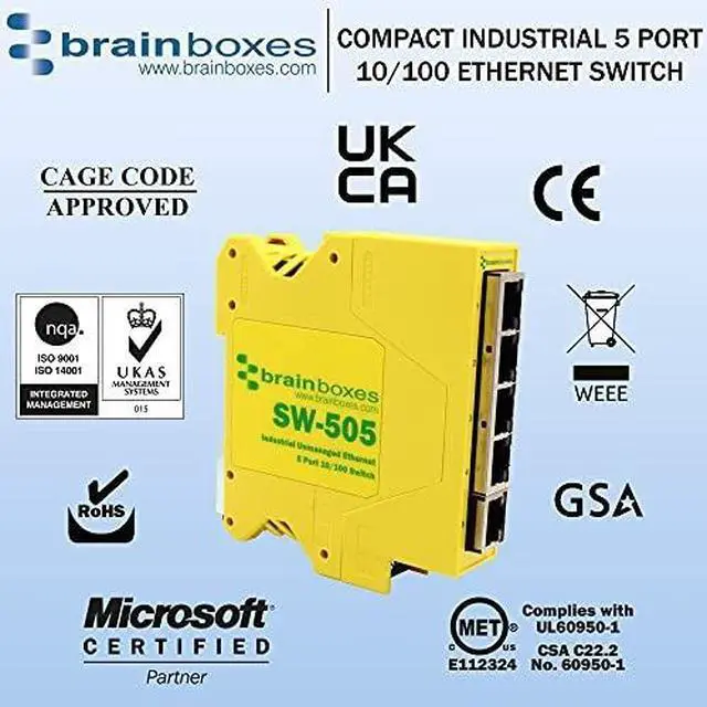 Alt view image 2 of 4 - Brainboxes SW-505 Industrial Compact Ethernet 5 Port Switch DIN Rail Mountable