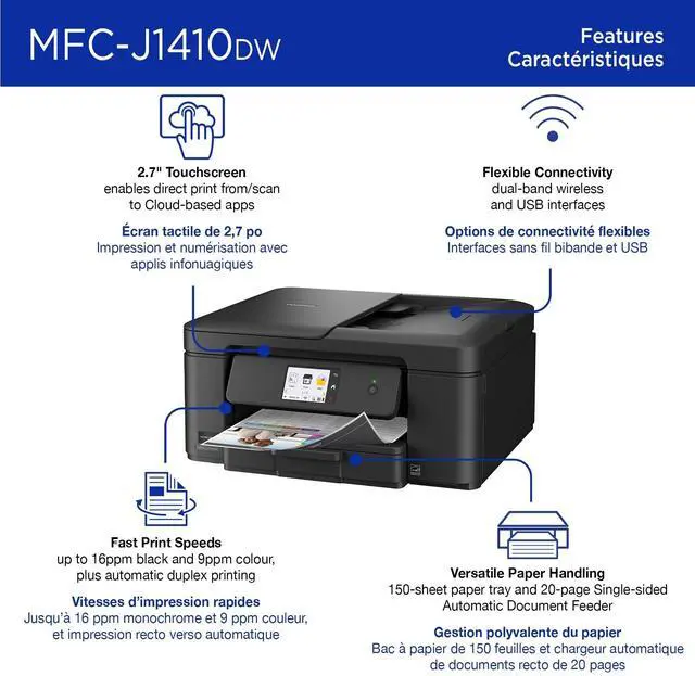 Alt view image 4 of 8 - Brother Work Smart 1410 Wireless Color Inkjet All-in-One Printer with 2.7" Color Touchscreen and Automatic Duplex Printing (MFC-J1410DW)