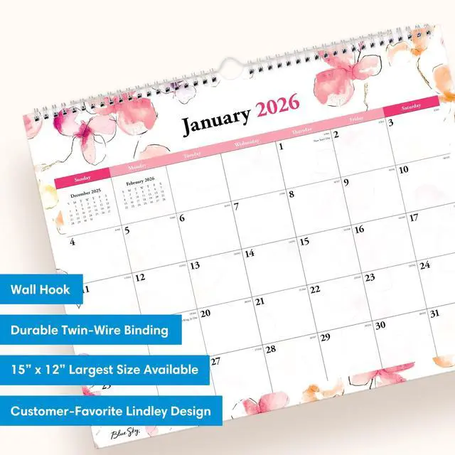 Alt view image 3 of 6 - Lindley Monthly Wall Calendar Floral Artwork 15 x 12 White/Pink/Red Sheets 12-Month Jan to Dec: 2026 117888