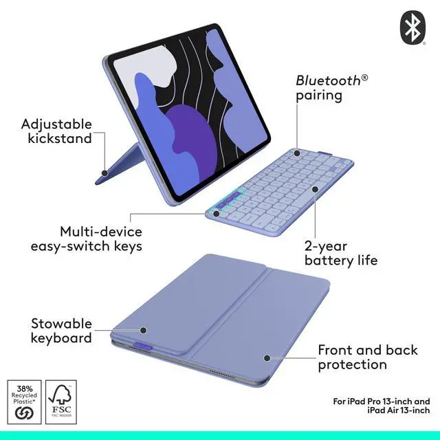 Alt view image 14 of 14 - Logitech Flip Folio Keyboard/Cover Case (Folio) for 13" Apple iPad Pro 13 (2024), iPad Air 13 (2024), iPad Air 13 (2025) Tablet - English Keyboard - Lilac - Bump Resistant, Scratch Resistant - Pl