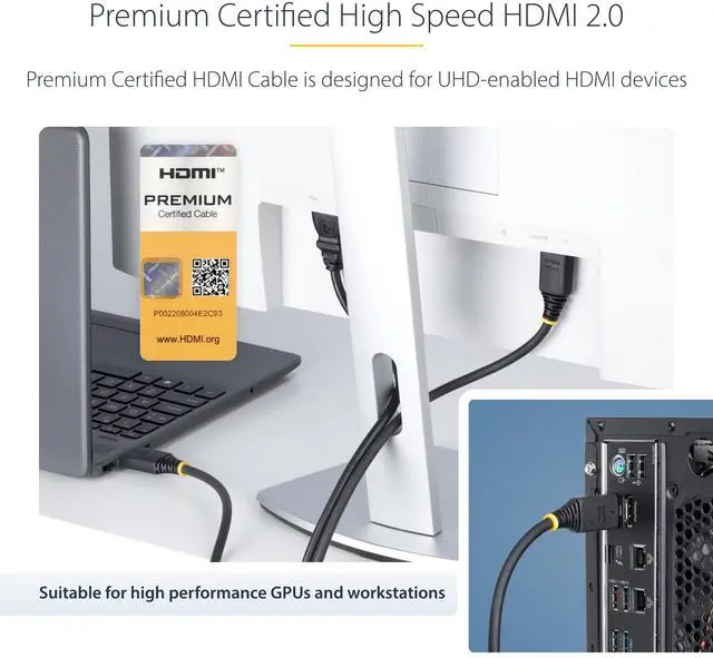 Alt view image 6 of 9 - StarTech 1.5m (4.9ft) Premium Certified High Speed HDMI Cable, 4K 60Hz/1440p 144Hz, HDR10/HDCP 2.2/ARC, 18Gbps, UHD HDMI 2.0 Cord for TV/Monitor, TPE Jacket - HDMI2CABLE-4K60-150C